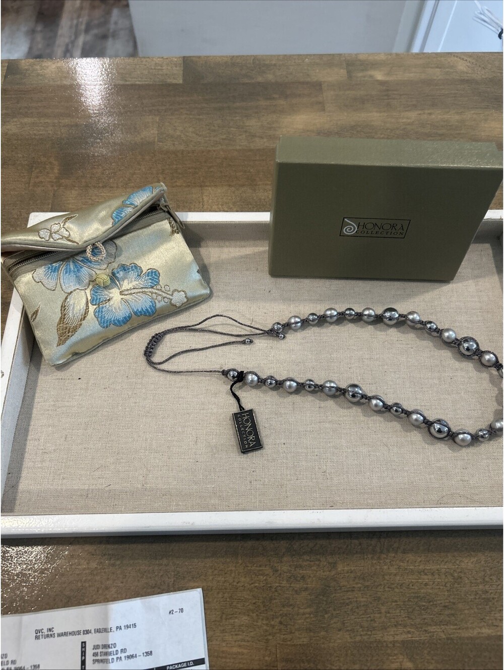 Honora Cultured  Pearl And Hematite Necklace With Cord Adjustable Box & Bag